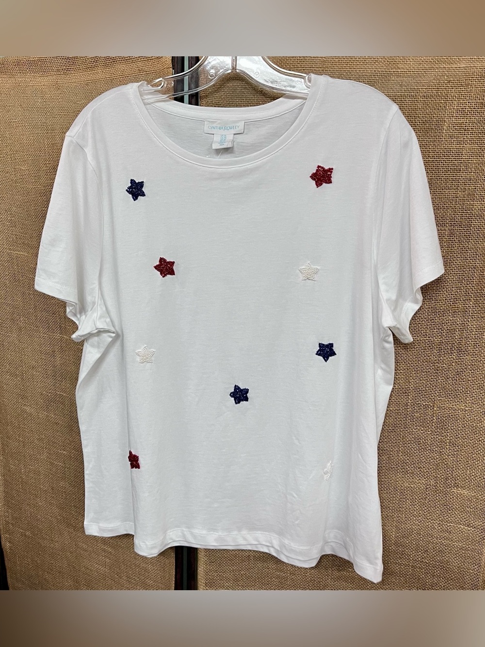 CYNTHIA ROWLEY Beaded Stars USA Americana Women’s XL TShirt 100% Cotton NWOT